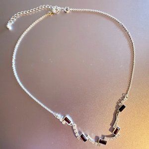 Silver Necklace, CZ Diamond & Ruby Stones, 9"L